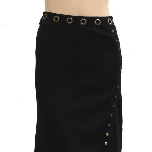By Anthropologie Hardware Side-Slit Column Midi Skirt Studded Black MP 283845 - Picture 5 of 7